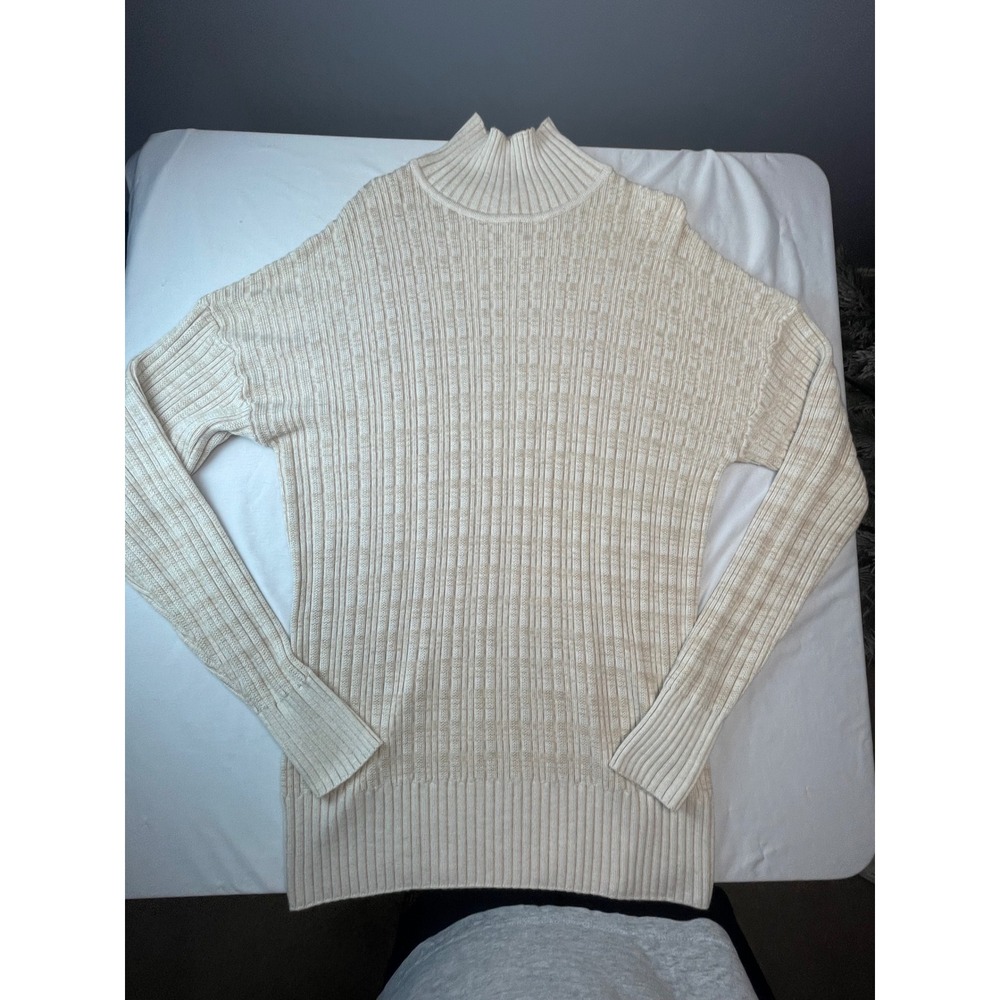 Varley Merino Wool Blend Ribbed Mock Neck Sweater Oatmeal Beige Drop Shoulder